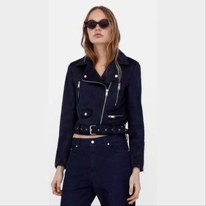 Zara Faux Suede Jacket with Adjustable Belt. Size XS. Navy Blue Colour.